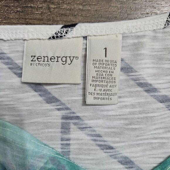 Zenergy by Chico's White Multi Stripe Floral Tunic 3/4 Sleeve Top Size Medium - Picture 10 of 14